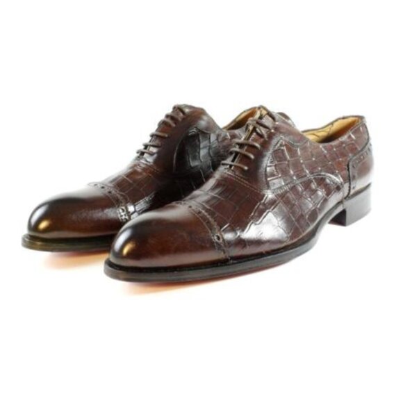 Italian Handmade Men's Leather Shoe / Ali Half Crocodile Printed Brown Calfskin - Picture 1 of 8